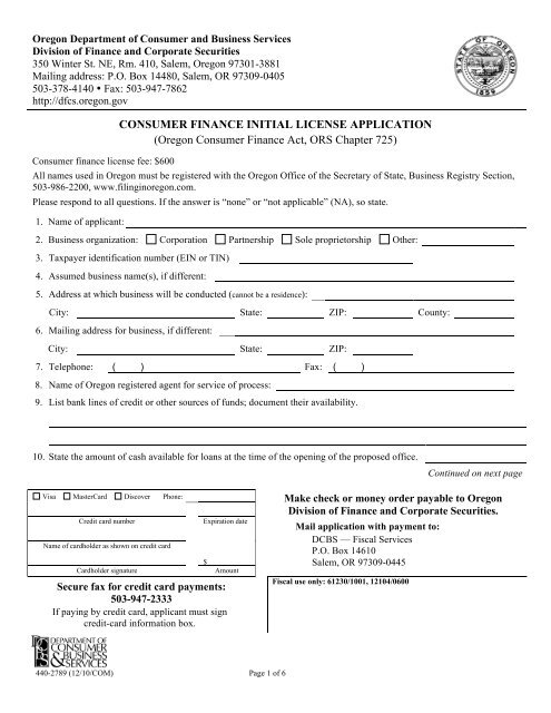 CONSUMER FINANCE INITIAL LICENSE ... - State of Oregon