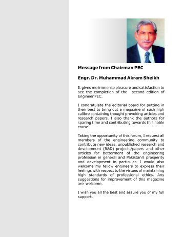 Message from Chairman PEC Engr. Dr. Muhammad Akram Sheikh