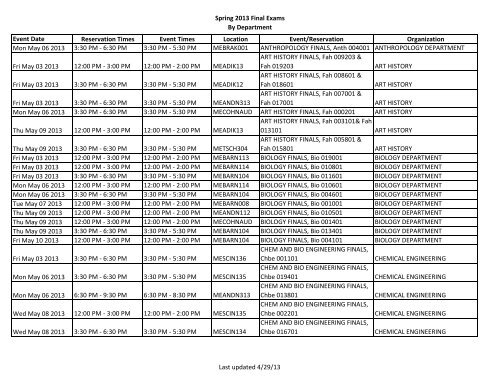 Final Exam Schedule by Department - USS at Tufts University