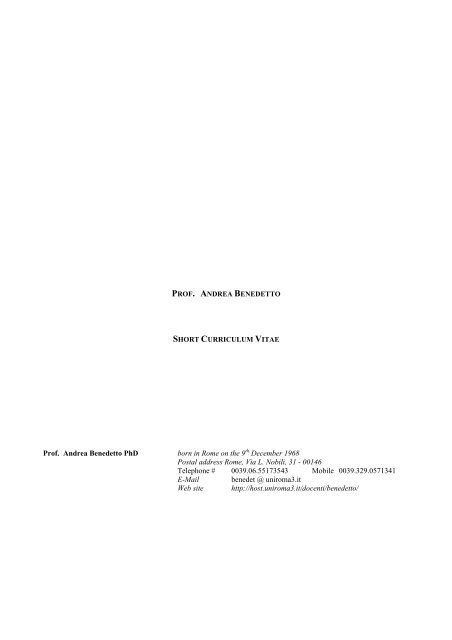 Prof. Andrea Benedetto PhD born in Rome on the 9th December ...