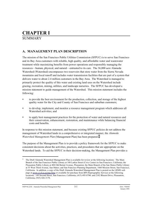 SFPUC 2001 Alameda Watershed Management Plan