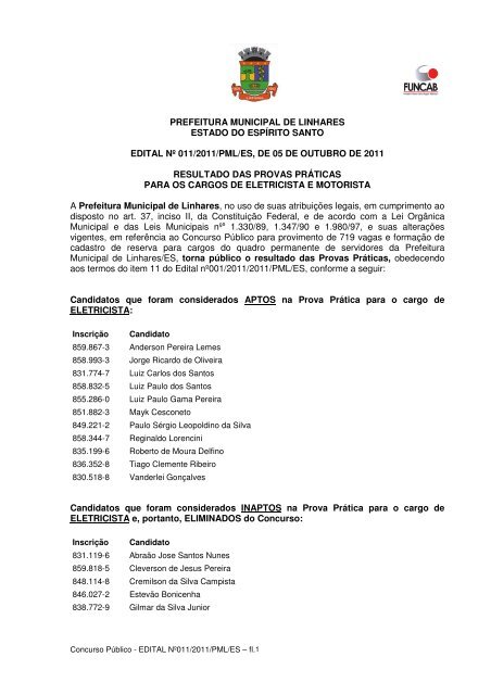 edital nÂº 011/2011/pml/es - resultado da prova prÃ¡tica - Linhares