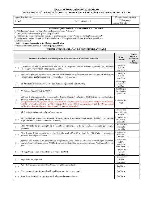 Formulário em Solicitação de Créditos - Pesquisaclinica.ipec.fiocruz ...