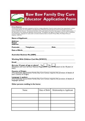 Baw Baw Family Day Care Educator Application Form