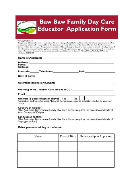 Baw Baw Family Day Care Educator Application Form