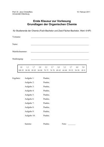 Klausur am 14.02.2011 - Organische Chemie - Christoffers