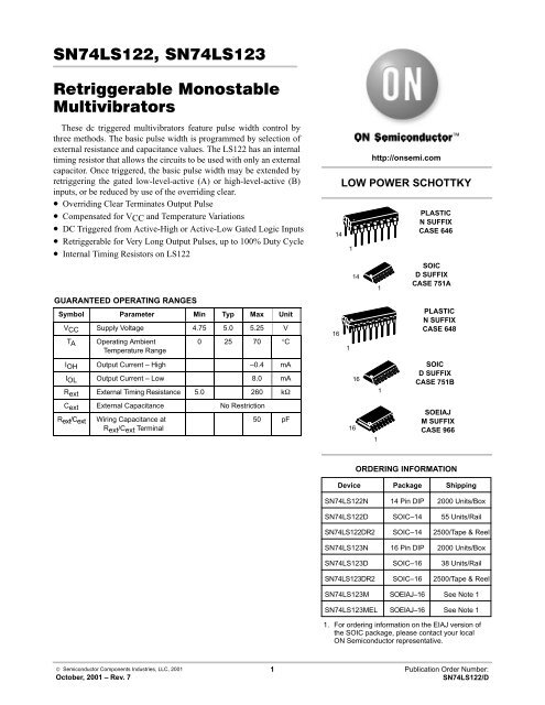 SN74LS122, SN74LS123 Retriggerable Monostable Multivibrators