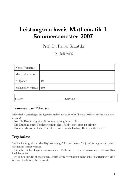 Leistungsnachweis Mathematik 1 Sommersemester 2007