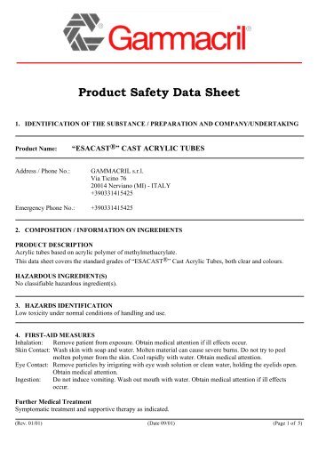 Download our Cast Acrylic Tube material safety datasheet ... - Perspex