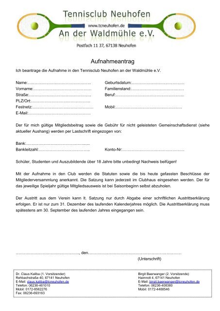 Aufnahmeantrag.pdf - Tennisclub Neuhofen An der WaldmÃ¼hle e.V.