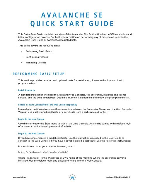AVALANCHE SE QUICK START GUIDE - Wavelink