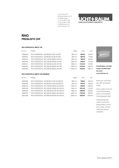 PREISLISTE CHF - Licht+Raum AG