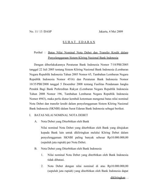 Batas Nilai Nominal Nota Debet dan Transfer ... - Bank Indonesia