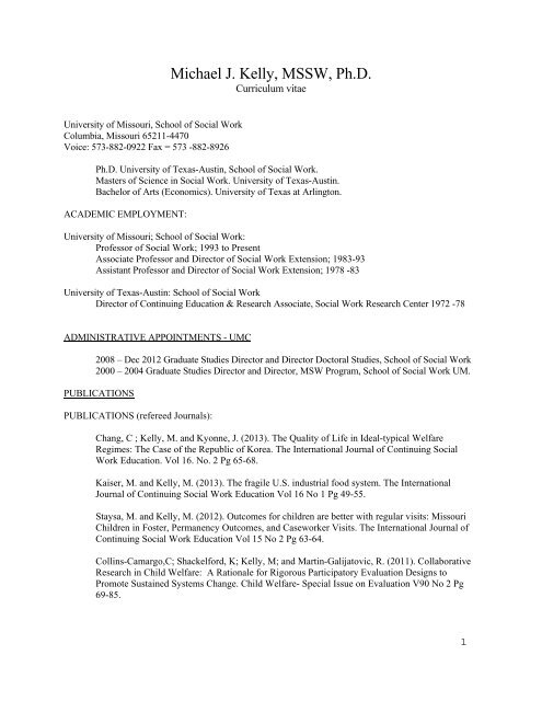 Curriculum vitae Michael J. Kelly, MSSW, Ph.D. - School of Social ...