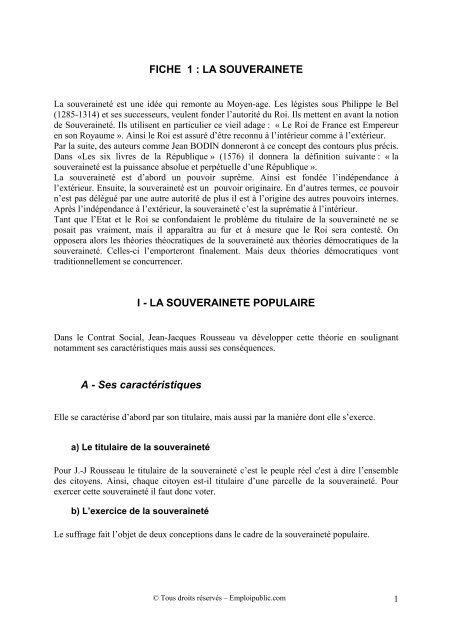 FICHE 1 : LA SOUVERAINETE I - LA SOUVERAINETE ... - Canalblog