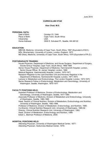 June 2010 CURRICULUM VITAE Alan Chait, MD PERSONAL DATA