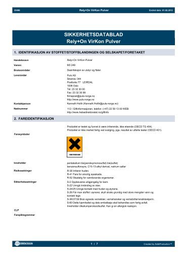 SIKKERHETSDATABLAD Rely+On VirKon Pulver