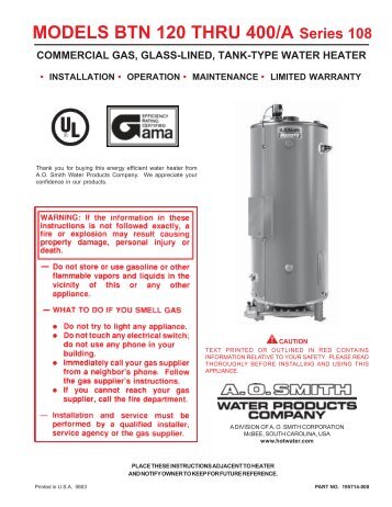 MODELS BTN 120 THRU 400/A Series 108 - AO Smith Water Heaters