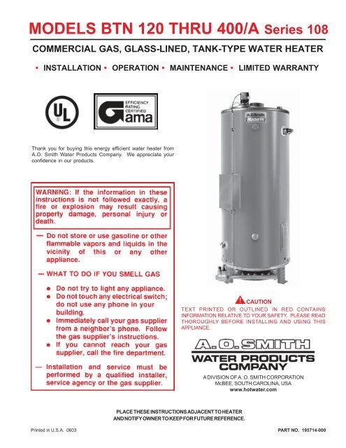 MODELS BTN 120 THRU 400/A Series 108 - AO Smith Water Heaters