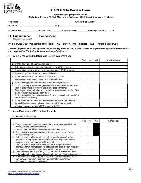 Site Review Form - WI Child Nutrition Programs (FNS)