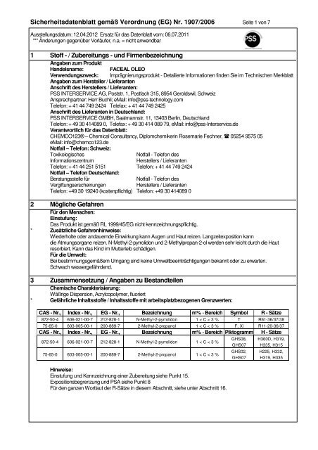 Sicherheitsdatenblatt Faceal Oleo - pss-interservice.ch