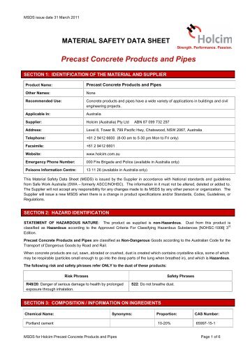 Precast concrete products and pipes MSDS (PDF 90KB) - Humes