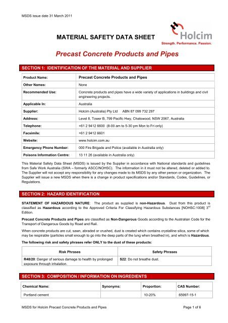 Precast concrete products and pipes MSDS (PDF 90KB) - Humes