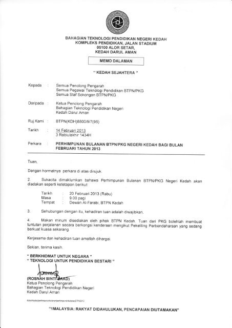 Memo Perhimpunan Bulanan Btpn Kedah Bahagian Teknologi
