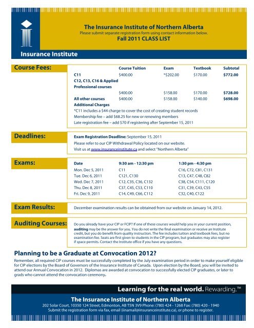 CIP Schedule Fall 2011 - Insurance Institute of Canada