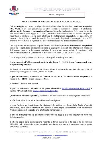 nuove norme in materia di residenza anagrafica - Comune di Senna ...