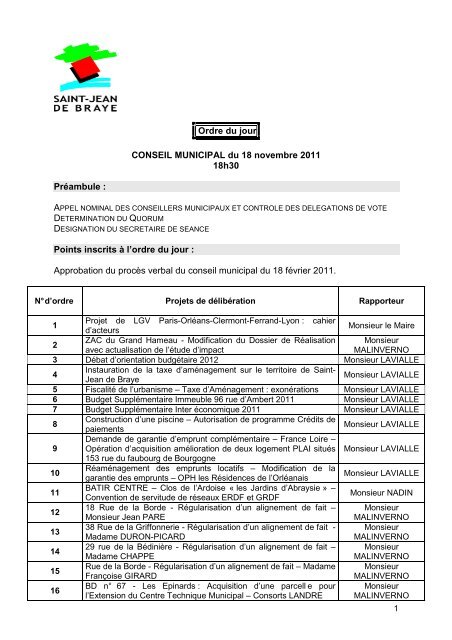 Dossier Conseil Municipal 18.11.2011 - Ville de Saint Jean de Braye