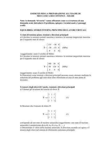 ESERCIZI PER LA PREPARAZIONE ALL'ESAME DI MECCANICA ...