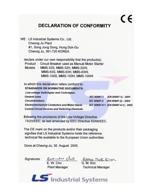 CE Declaration of Conformity for MMS Series & Auxiliary Switches ...
