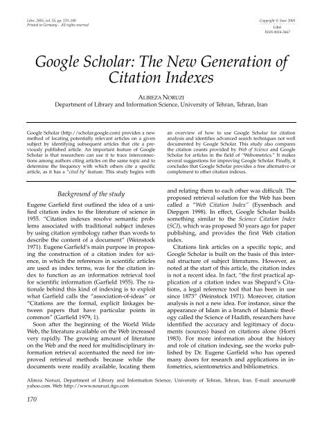 Google Scholar: The New Generation of Citation Indexes - Libri