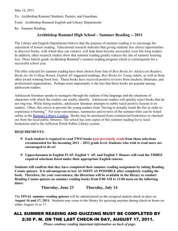 Archbishop Rummel High School â Summer Reading -- 2011 ...