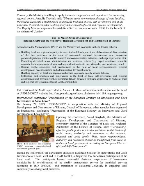 2009 - First Quarterly Progress Report - UNDP in Ukraine