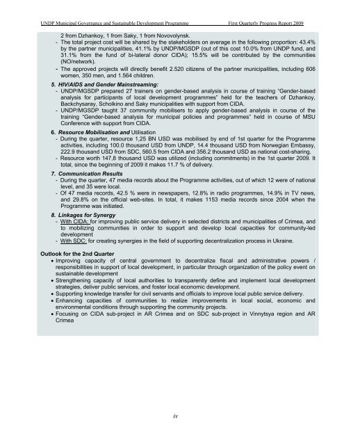 2009 - First Quarterly Progress Report - UNDP in Ukraine