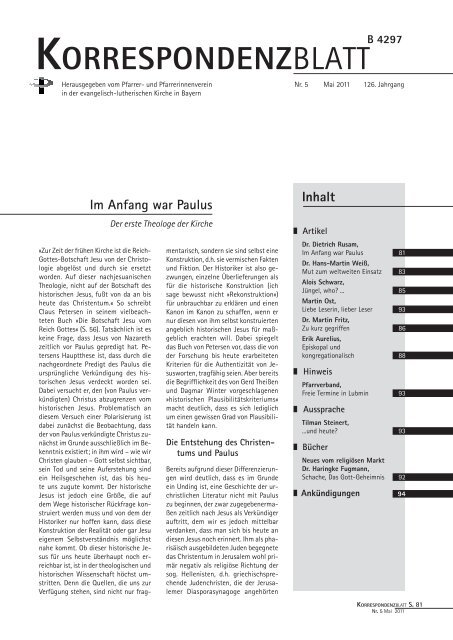 Ausgabe 2011 - Pfarrer- und Pfarrerinnenverein