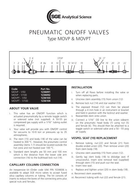 PNEUMATIC ON/OFF VALVES - SGE Analytical Science