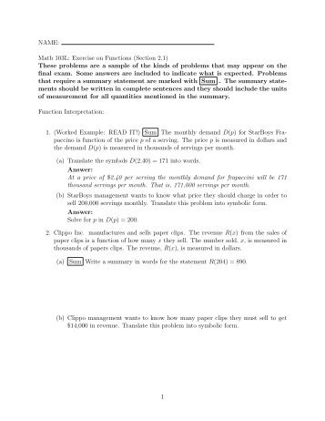 NAME: Math 103L: Exercise on Functions ... - Bruce E. Shapiro