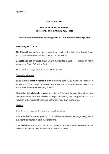 1H2013 Preliminary sales Press Release - Prada Group