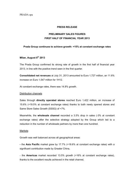 1H2013 Preliminary sales Press Release - Prada Group