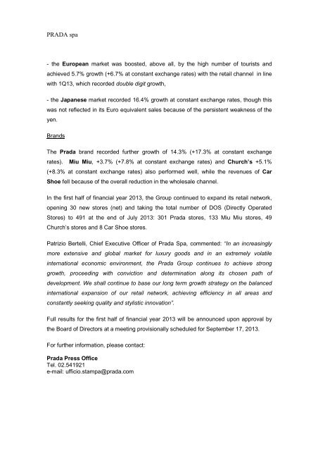 1H2013 Preliminary sales Press Release - Prada Group