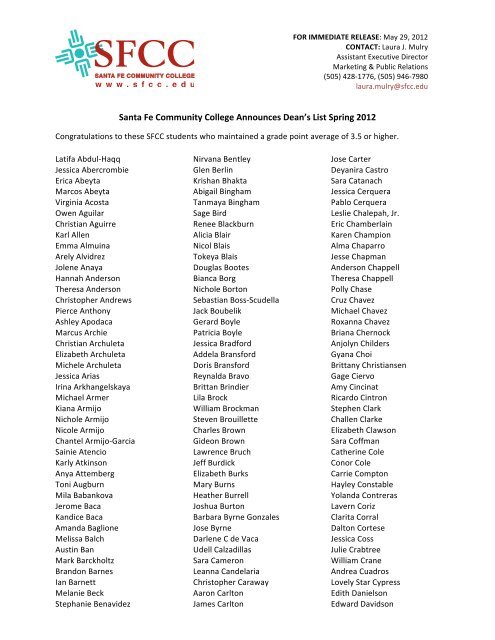SFCC Announces Dean's List Spring 2012 - Santa Fe Community ...