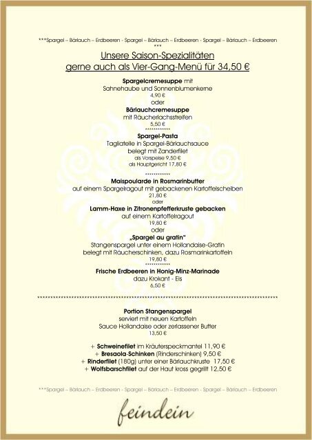 Speisekarte Restaurant "feindein"