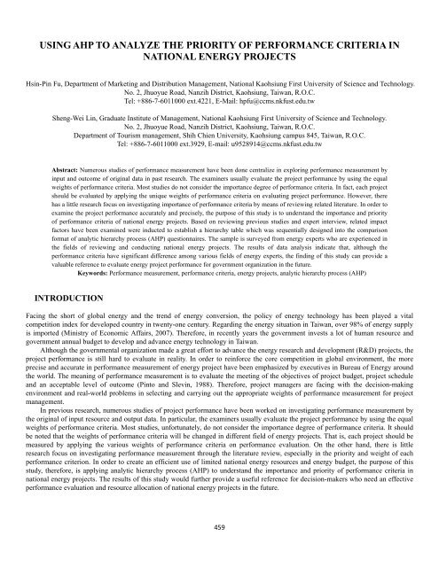 Performance Priority Paper.pdf using ahp to analyze the priority of performance criteria in national ...
