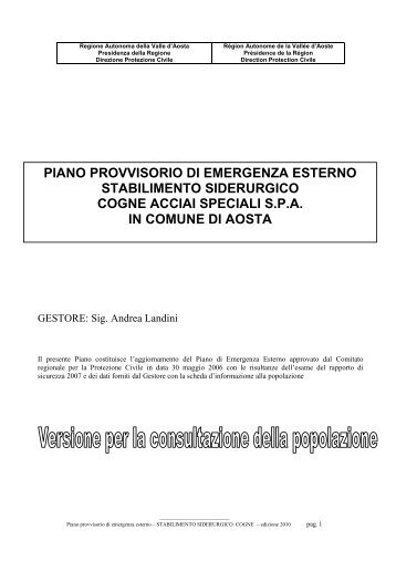 COGNE ACCIAI SPECIALI SPA PIANO 2010 Rev ... - Comune di Aosta