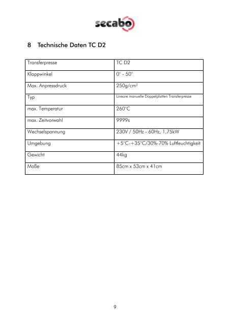BEDIENUNGSANLEITUNG für die Transferpresse Secabo TC D2 ...