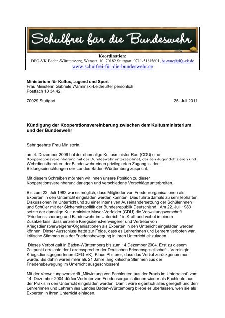 Entwurf Brief an die Kultusministerin - Schulfrei fÃ¼r die Bundeswehr