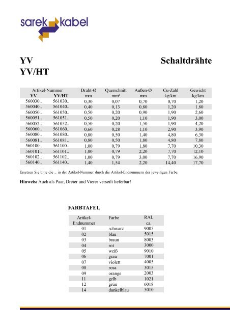 Schaltdrähte YV YV/HT